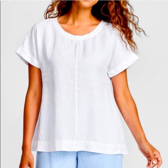 FLAX 100% Linen White Relaxed Fit Top Short Sleeve Summer Travel Size Large - Picture 1 of 14